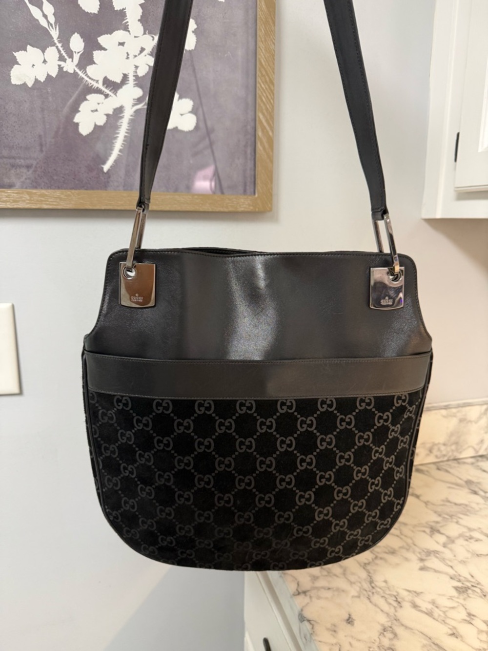 Gucci GG Suede and Leather Shoulder Bag Black
